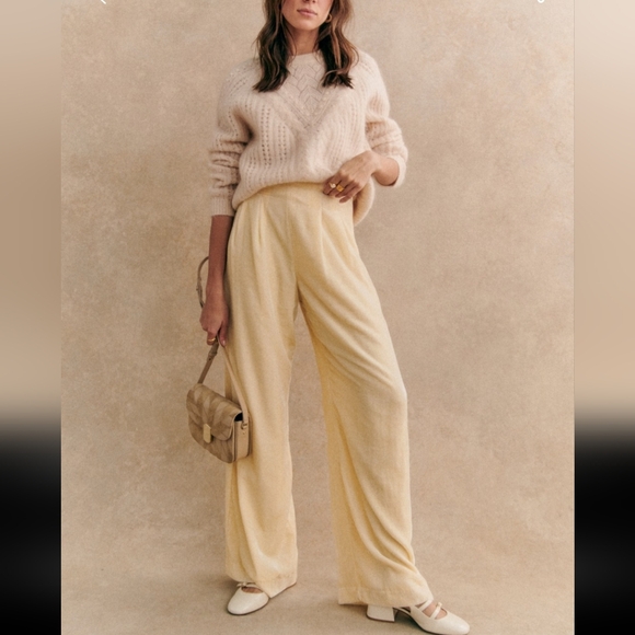 Sezane Pants - Sezane Malone Ecru Wide-Leg Velvet Trousers